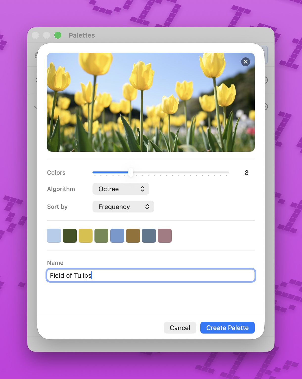 ColorCopy New Palette from Image dialog showing a photo of yellow tulips at the top, a Colors slider set to 8, an Algorithm picker set to Octree, a Sort by picker set to Frequency, a row of eight extracted swatches, and a Name field reading 'Field of Tulips' above Cancel and Create Palette buttons.