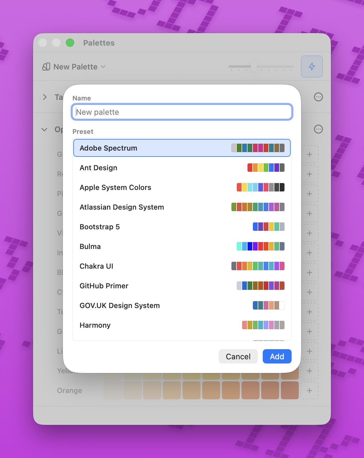 ColorCopy New Palette dialog with a Name field and a Preset picker listing Adobe Spectrum, Ant Design, Apple System Colors, Atlassian Design System, Bootstrap 5, Bulma, Chakra UI, GitHub Primer, GOV.UK Design System, and Harmony, each shown next to a thumbnail of its swatches.
