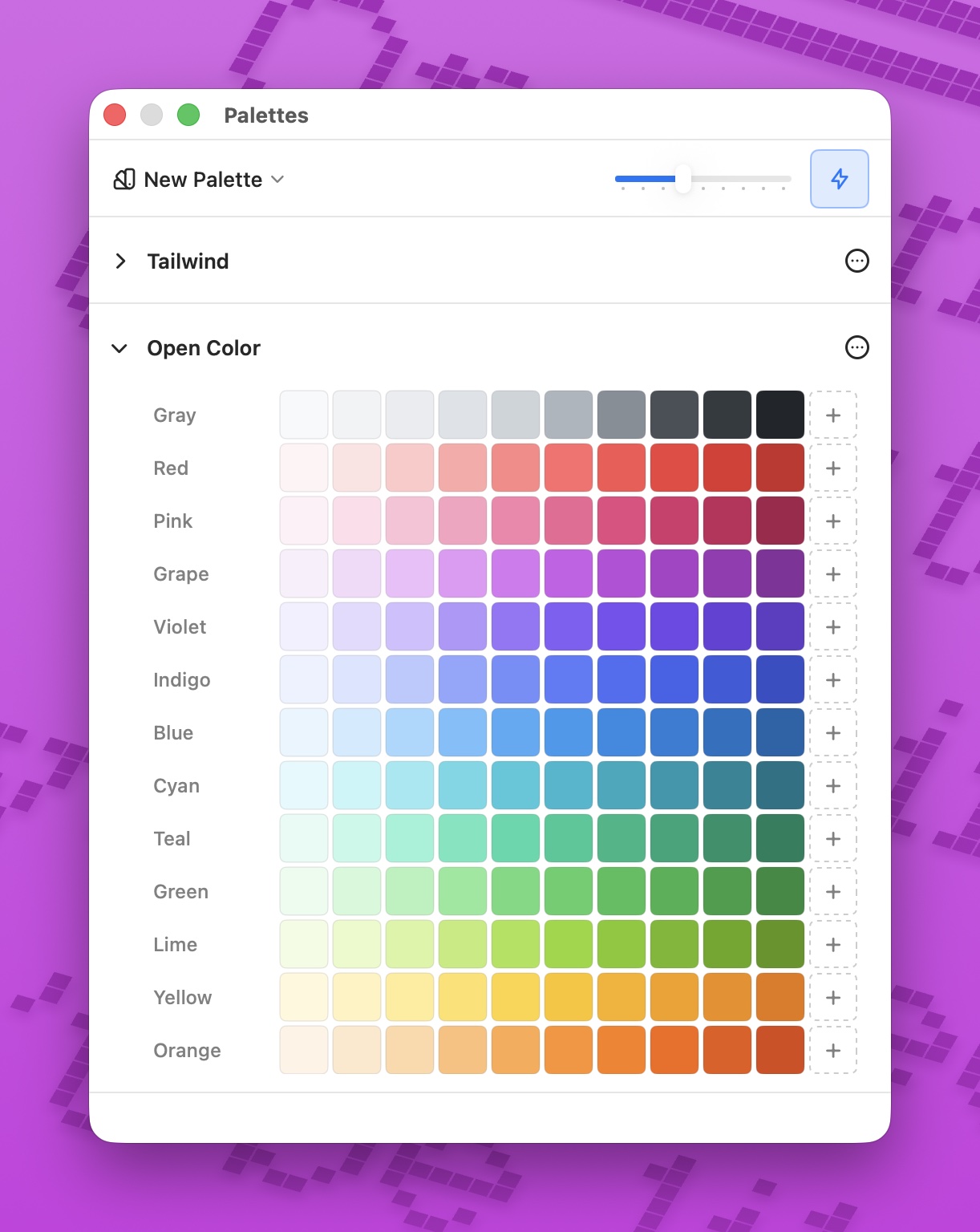 ColorCopy Palettes window with a New Palette menu in the toolbar, a collapsed Tailwind section, and an expanded Open Color palette laid out as a grid with rows for Red, Pink, Grape, Violet, Indigo, Blue, Cyan, Teal, Green, Lime, Yellow, Orange, and Gray.