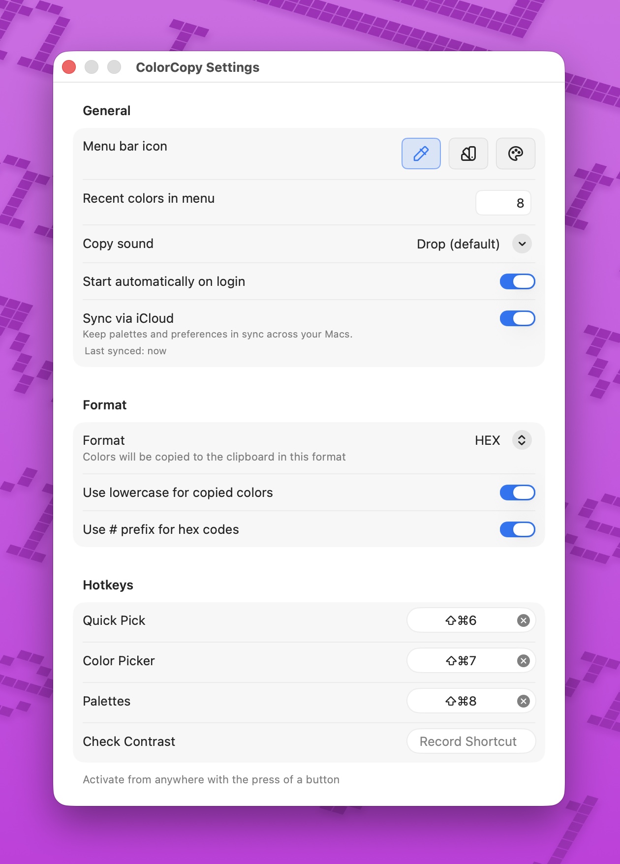 ColorCopy Settings window with a General section for menu bar icon, recent colors in menu, copy sound, start automatically on login, and Sync via iCloud; a Format section with format picker set to HEX, lowercase toggle, and hex hash-prefix toggle; and a Hotkeys section listing Quick Pick, Color Picker, Palettes, and Check Contrast each with a recorded shortcut.